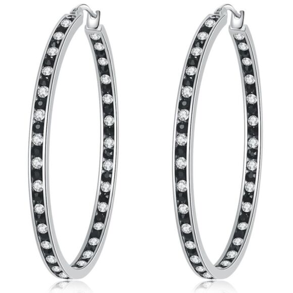 14K White Gold with Black Onyx and White Diamond Cubic Zirconia Hoop Earrings - Picture 1 of 6